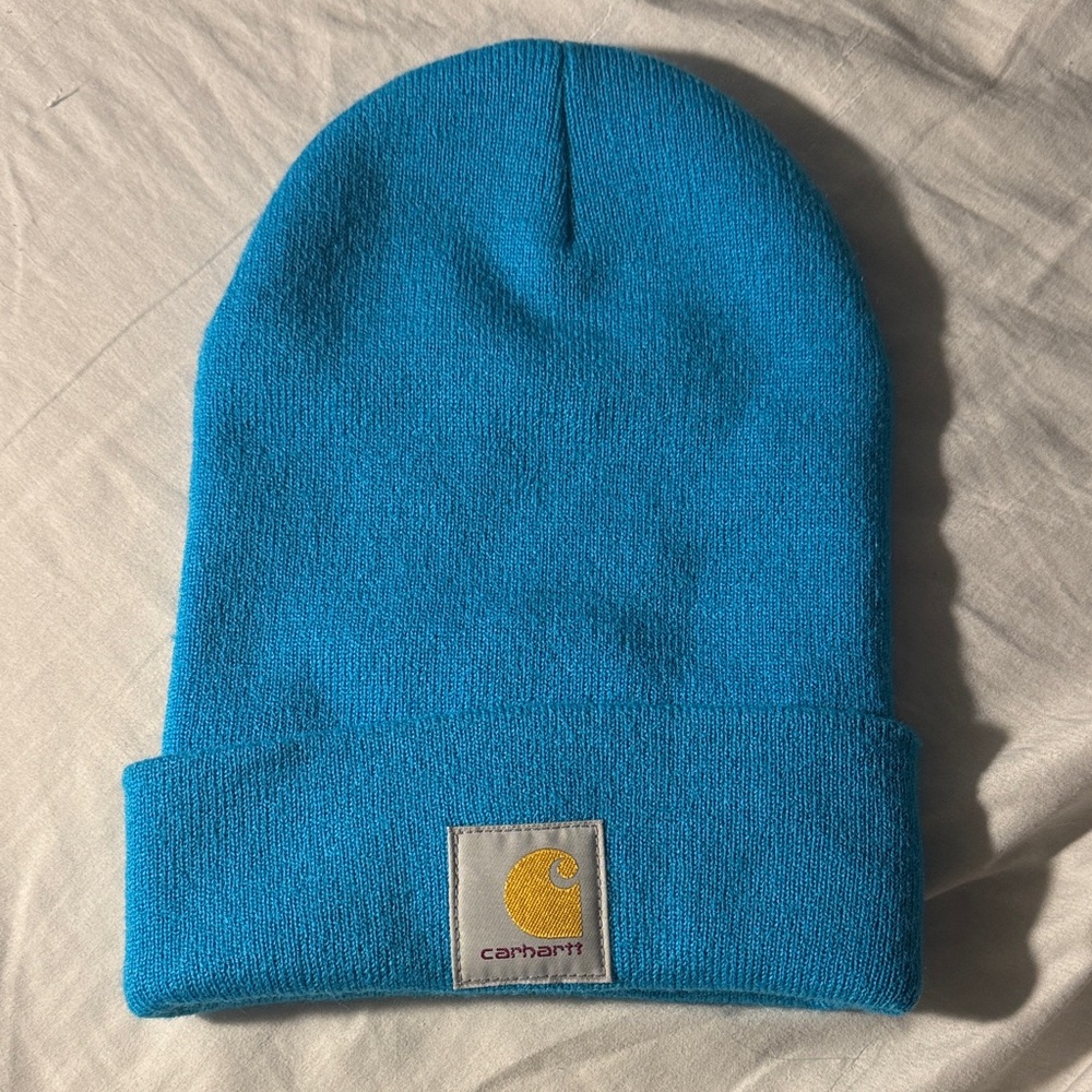 Carhartt Bright Turquoise Knit Beanie with Yellow Logo